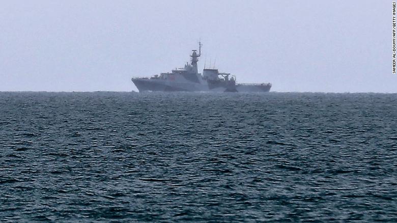 A British Royal Navy vessel patrols the waters off Jersey on May 6 to monitor the protest by French fishermen.