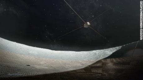 Sanatçının illüstrasyonu, önerilen krater teleskobunun içinden alıcıya bakarken görülüyor.