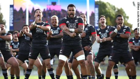 Liam Messam of the Maori All Blacks, another New Zealand Rugby team, leads the haka in December 2020.