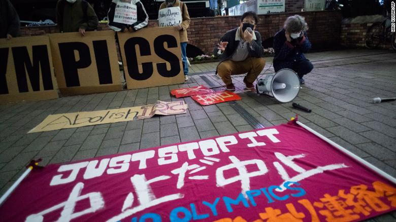 A &quot;No Olympics&quot; banner is placed by protesters in Tokyo during a demonstration against the going ahead of the Tokyo 2020 Olympic and Paralympic Games.