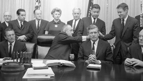 President Lyndon B. Johnson with some members of the National Advisory Commission on Civil Disorders (Kerner Commission) in the Cabinet Room of the White House on July 29, 1967.