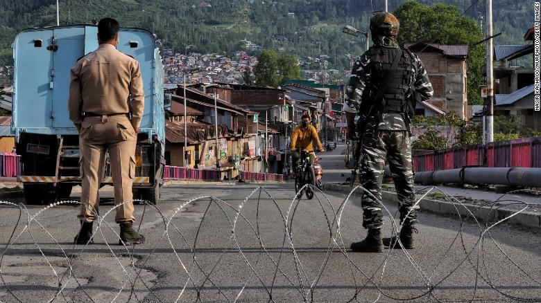 Central Reserve Police Force at a temporary check point during Covid-19 Corona Curfew in Baramulla, Jammu and Kashmir, on May 9.