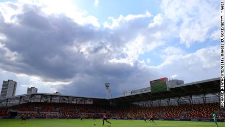 A general view of play during the Sky Bet Championship match between Brentford and Watford at Brentford Community Stadium on May 01, 2021 in Brentford, England.)