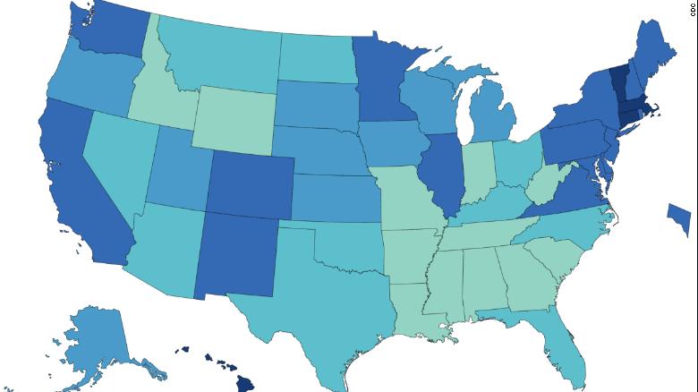 States in darker blue have a higher percentage of adults that has received at least one Covid-19 vaccine dose, according to CDC data.
