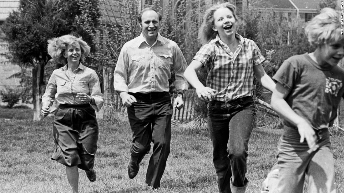 From left, Lynne, Dick, Liz and Mary Cheney run in the yard of their family home in McLean, Virginia, in 1980.