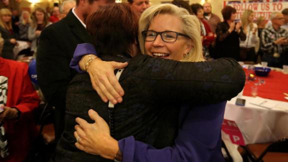 Cheney hugs a supporter during an election-night party in Casper, Wyoming, in November 2016. She defeated Democrat Ryan Greene to claim Wyoming's lone seat in the House.