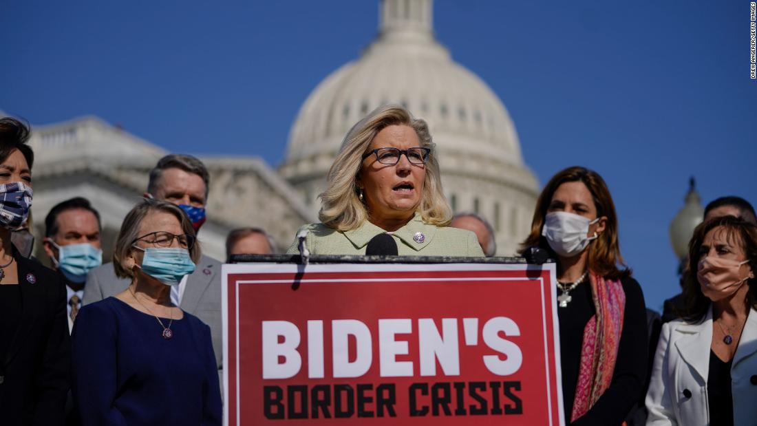 Cheney speaks about the US-Mexico border policy at a news conference outside the US Capitol in March 2021. In Congress, Cheney has high ratings from conservative groups. Like her father, she is a fiscal conservative and defense hawk.