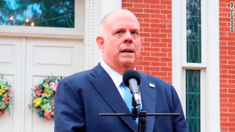 Maryland Gov. Larry Hogan talks to reporters at the governor&#39;s residence on Monday, April 12, 2021 in Annapolis, Md. 