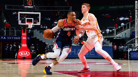 Russell Westbrook drives to the basket during the Washington Wizards&#39; game against the Atlanta Hawks on May 10, 2021, at State Farm Arena in Atlanta.