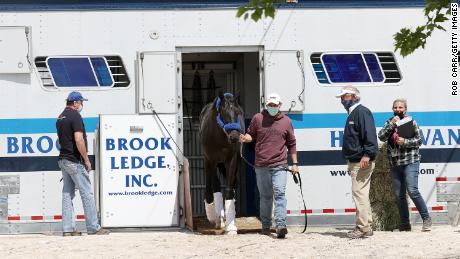 Kentucky Derby winner Medina Spirit arrived at Pimlico Race Course for the upcoming Preakness Stakes.