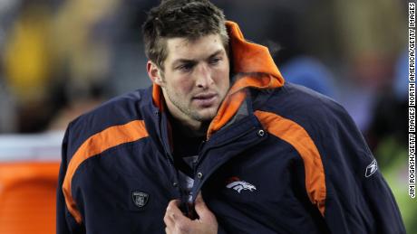 FOXBORO, MA - JANUARY 14:  Tim Tebow #15 of the Denver Broncos looks on against the New England Patriots during their AFC Divisional Playoff Game at Gillette Stadium on January 14, 2012 in Foxboro, Massachusetts.  (Photo by Jim Rogash/Getty Images) 