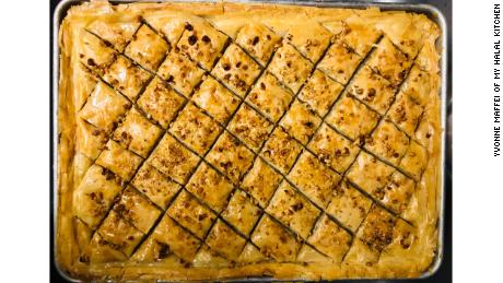 Baklava is a popular dessert served on Eid because one batch can feed dozens of people.