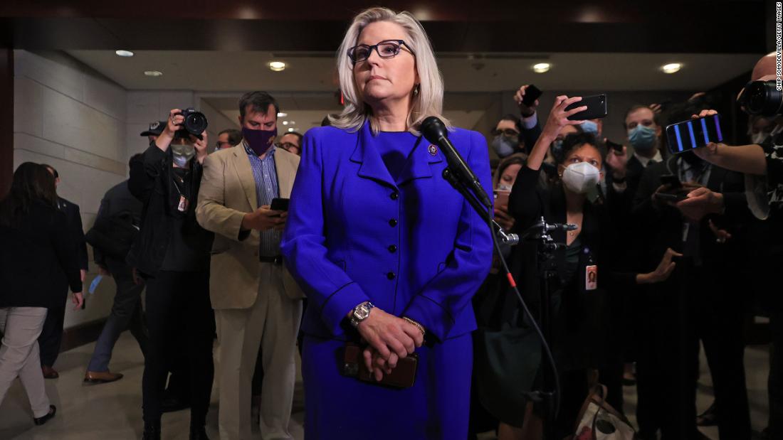 US Rep. Liz Cheney talks to reporters after House Republicans voted her out as chairwoman of the House Republican Conference in May 2021. Cheney was the highest-ranking Republican woman in Congress.