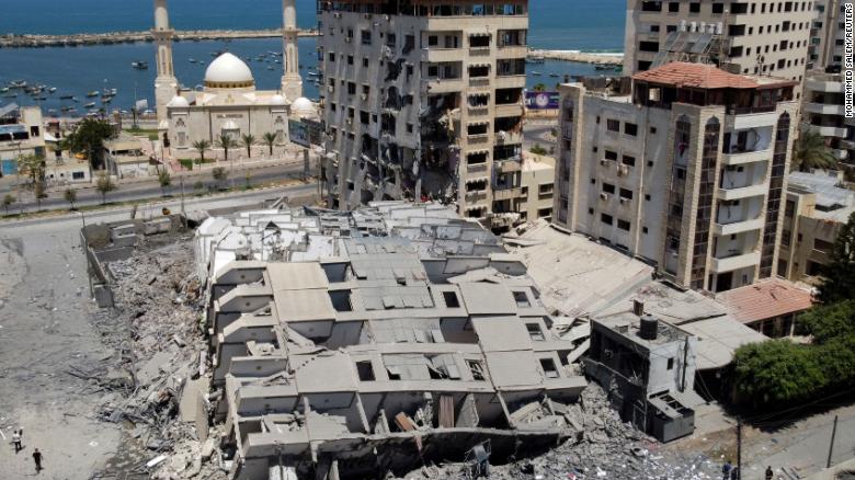 An aerial view on May 12 shows the remains of a Gaza City tower building that was destroyed in Israeli airstrikes.
