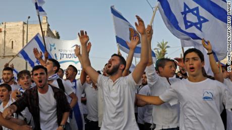 Israelis take part in the annual Jewish nationalist &quot;Jerusalem Day&quot; march on Monday.