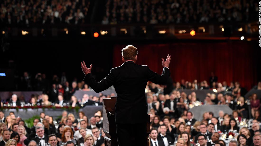 O&#39;Brien speaks on stage during a gala tribute to comedian Steve Martin in 2015.