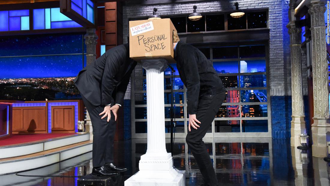 O&#39;Brien goofs around with Stephen Colbert while appearing on &quot;The Late Show&quot; in 2019.