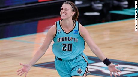 Sabrina Ionescu of the New York Liberty reacts after making a winning three-point basket in the final seconds of a WNBA game on May 14, 2021 in New York City. 