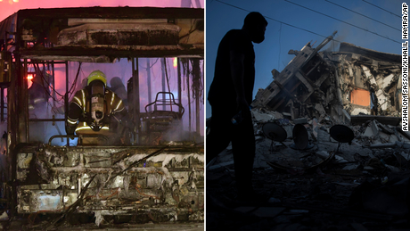 Left: An Israeli firefighter extinguishes a burning bus in Holon, Israel, after it was hit by a rocket fired from Gaza on May 11, 2021. Right: A Palestinian walks next to a building destroyed by Israeli airstrikes in Gaza City on May 13, 2021.