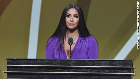 Vanessa Bryant addresses the guests during the 2020 Basketball Hall of Fame Enshrinement Ceremony on May 15, 2021 at the Mohegan Sun Arena in Uncasville, Connecticut