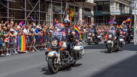 NYPD officers ride their motorcycles at the annual Pride Parade on June 29, 2019, in New York City.