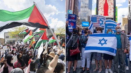 People march in support of Palestinians on Saturday, May 15, in Columbia Heights, Minnesota. Pro-Israel supporters hold flags in Times Square, on Wednesday, May 12.