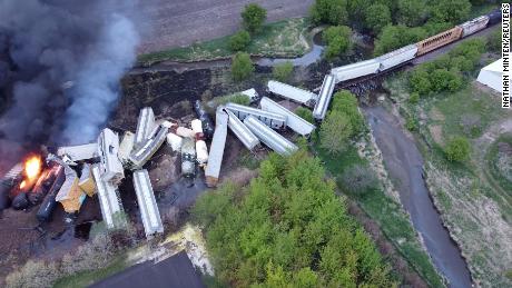 A fire burns on a Union Pacific train that derailed in Sibley, Iowa.