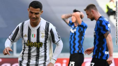 Cristiano Ronaldo celebrates after scoring against Inter Milan.