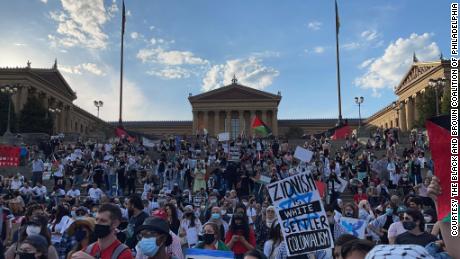 Pro-Palestinian demonstrators gather at the &quot;Rocky Steps&quot; in Philadelphia on Saturday, May 15. 