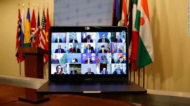 A computer screen is seen while members of the United Nations Security Council meet virtually on the situation in the Middle East on 16 May 2021. (Photo by JASON SZENES/EPA-EFE/Shutterstock)