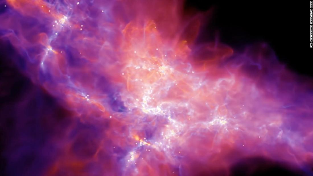This image from the STARFORGE simulation shows the &quot;Anvil of Creation,&quot; a giant gas cloud with individual stars forming inside of it.