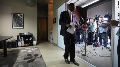 Benjamin Crump leaves the microphones on March 20, 2012, after speaking with the media in Fort Launderdale, Florida, about his clients&#39; son, 17-year-old Trayvon Martin, who was killed on February 26 of that year.