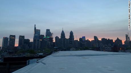 Philadelphia skyline with lights off when &quot;Lights Out Philly&quot; is in effect (from midnight to 6 AM), April 2021