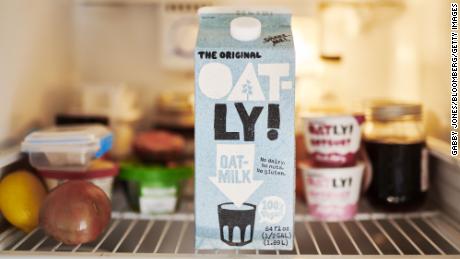 A carton of Oatly oat milk.