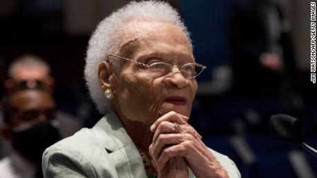 Viola Fletcher, the oldest living survivor of the Tulsa Race Massacre, testifies before the Civil Rights and Civil Liberties Subcommittee hearing on &quot;Continuing Injustice: The Centennial of the Tulsa-Greenwood Race Massacre&quot; on Capitol Hill in Washington, DC on May 19, 2021. (Photo by JIM WATSON / AFP) (Photo by JIM WATSON/AFP via Getty Images)