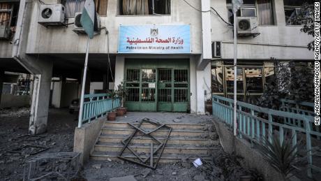 A damaged heath center in the Al-Rimal neighborhood of Gaza City following an airstrike on May 17.