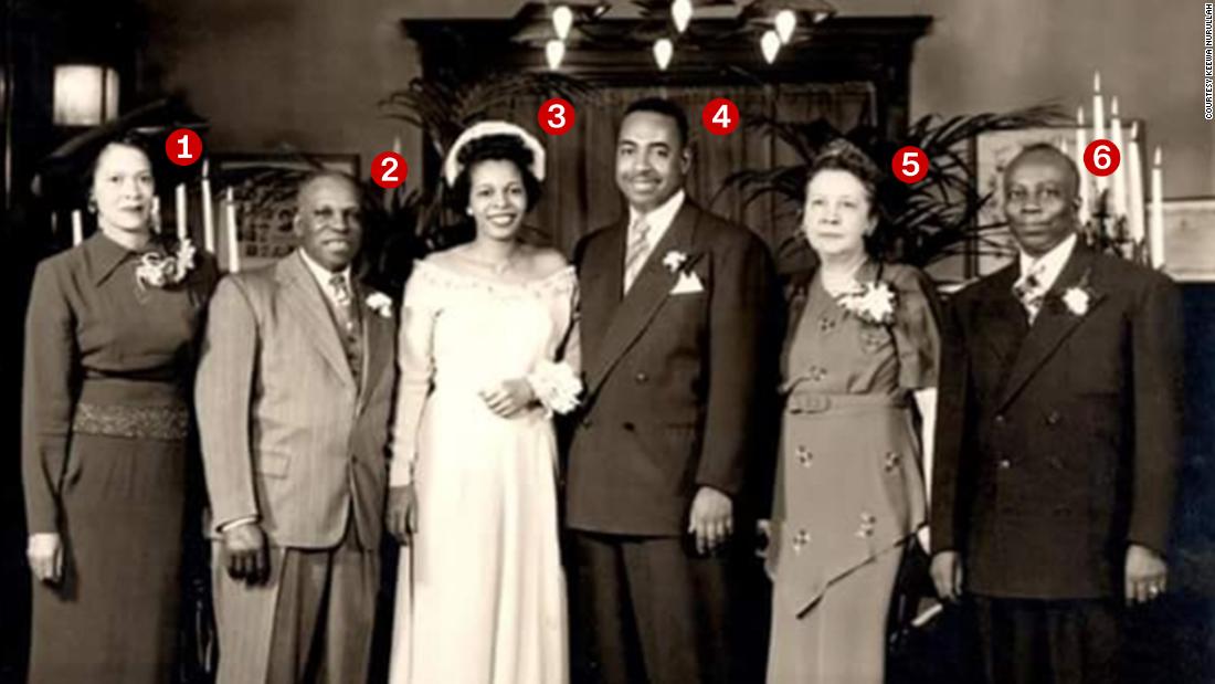 Simeon Neal, Jr. (No. 4) wed Rosa Lee Campbell (No. 3) in Chicago&#39;s South Park Methodist Church in 1948. His parents, Susan (No. 5) and Simeon Neal, Sr. (No. 6), as well as Campbell&#39;s parents, James (No. 2) and Velma Campbell (No. 1), are photographed with the couple.