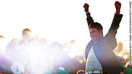 AUGUSTA, GEORGIA - APRIL 11:  Hideki Matsuyama of Japan celebrates during the Green Jacket Ceremony after winning the Masters at Augusta National Golf Club on April 11, 2021 in Augusta,   (Photo by Mike Ehrmann/Getty Images)
