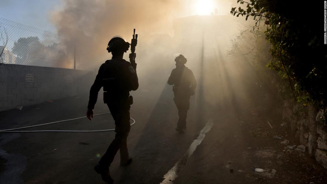Members of the Israeli security forces patrol the flashpoint neighborhood of Sheikh Jarrah, in east Jerusalem, during Palestinian protests on May 18.