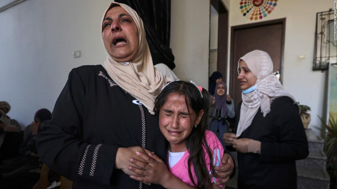 The relatives of Palestinian Mahmoud Shtawi, 19, react during his funeral in Gaza City on May 19. He was killed in an Israeli airstrike.