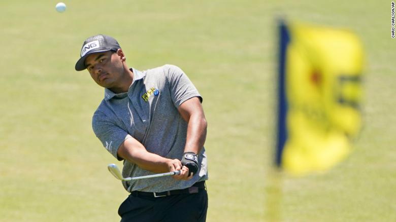 Munoz chips up to the 15th hole during the first round of the PGA Championship.