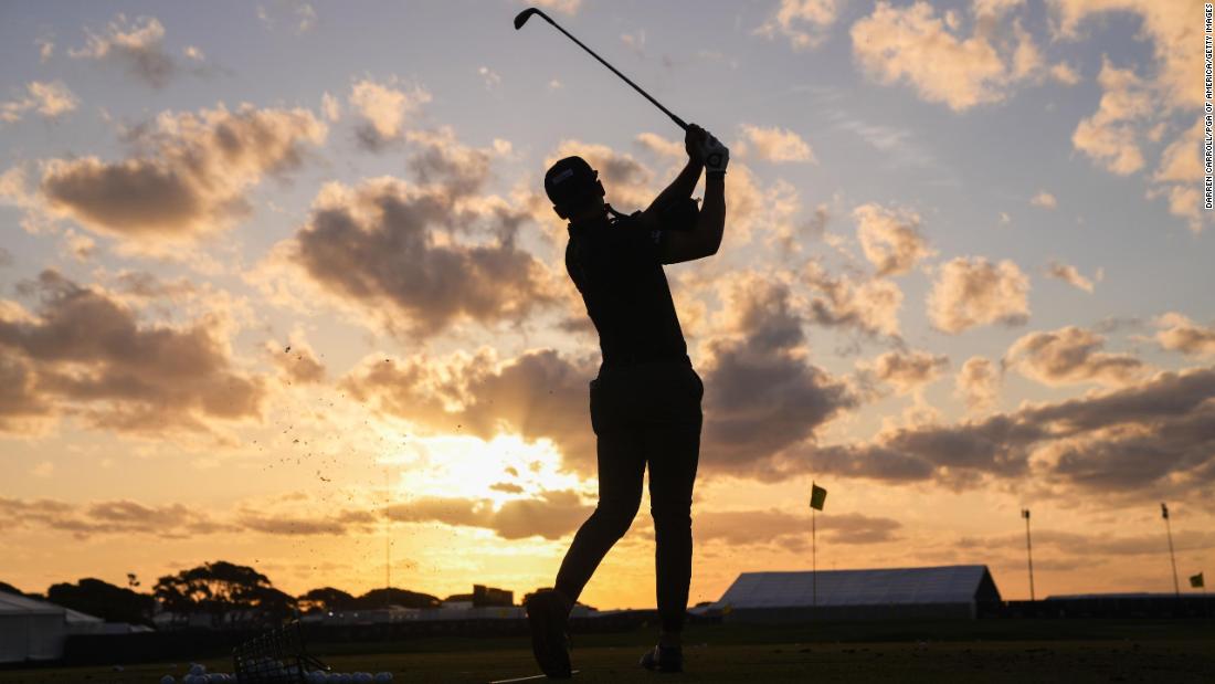 Garrick Higgo hits his shot on the practice range ahead of the first round of the 2021 PGA Championship at the Ocean Course of Kiawah Island Golf Resort. 