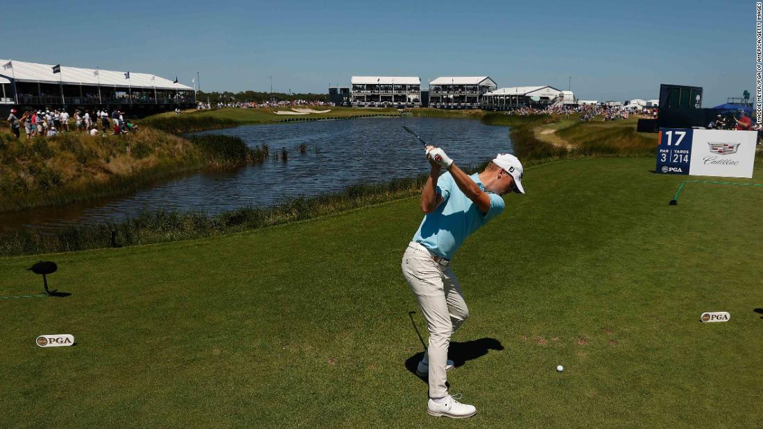 Tim Pearce plays his shot off the 17th tee.