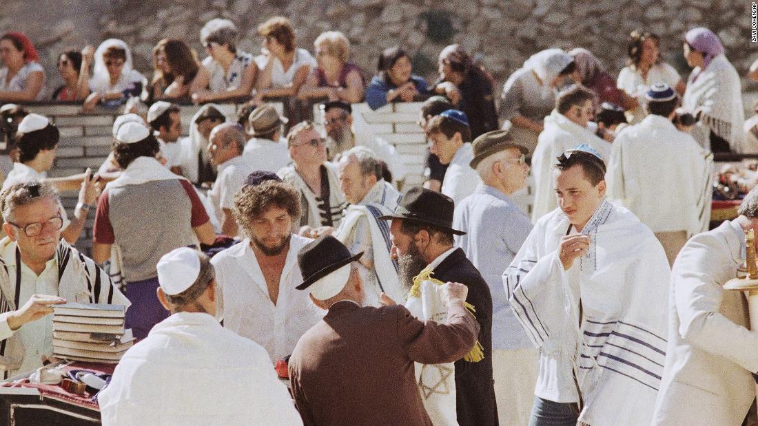 Dylan attends a bar mitzvah for one of his sons at the Western Wall in Jerusalem in 1983.