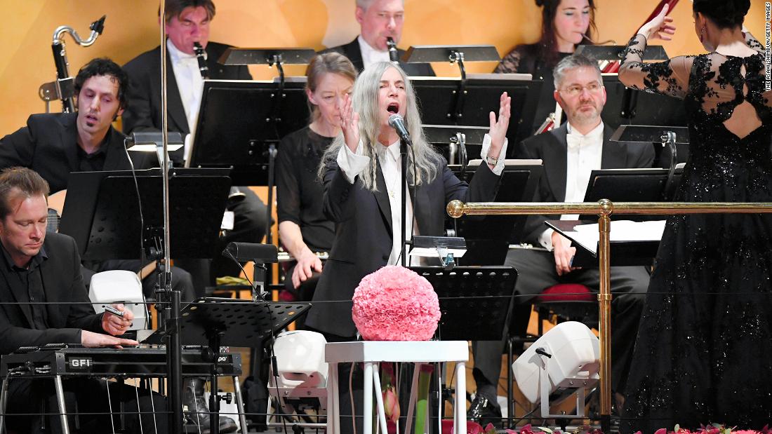 Patti Smith performs on behalf of Dylan during the Nobel Prize Awards Ceremony in 2016. Dylan wasn&#39;t able to attend because of pre-existing commitments. &lt;a href=&quot;https://www.cnn.com/2017/04/01/entertainment/bob-dylan-nobel-prize/index.html&quot; target=&quot;_blank&quot;&gt;He received his award&lt;/a&gt; at a private ceremony five months later.