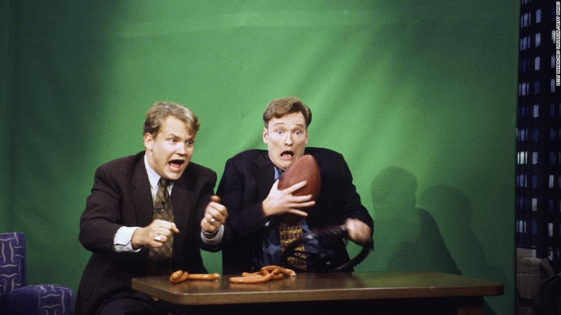 O&#39;Brien does a skit with his longtime show sidekick, comedian Andy Richter, in 1996. Richter has been a part of O&#39;Brien&#39;s show for much of his late-night run.