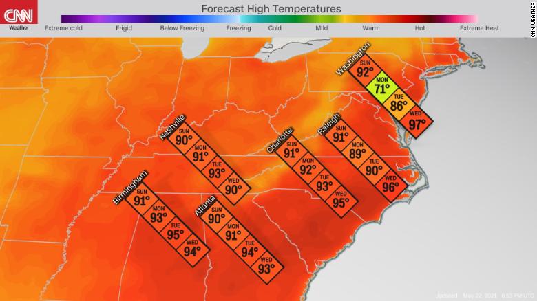 A massive heat dome is about to make the Southeast sweat 210522142306-weather-4-day-temp-map-heat-wave-052221-exlarge-169