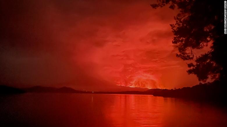 A view from Tchegera Island on Lake Kivu in the Democratic Republic of Congo shows flame spewing from Mount Nyiragongo on Saturday, May 22.