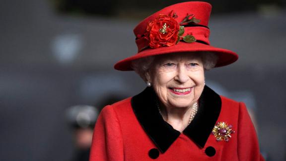 Britain's Queen Elizabeth II is seen during her visit to the aircraft carrier HMS Queen Elizabeth in Portsmouth, southern England on May 22, 2021.