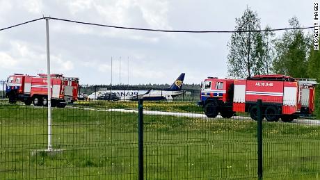 The Ryanair plane parked at Minsk International Airport on 23 May.